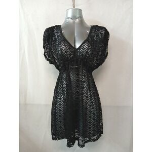 Miken Swim Black Crochet Lace V-Neck Swim Cover Up Dress Womens Sz M Festival